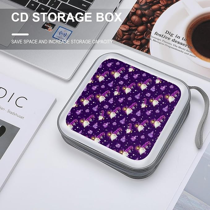 CD Wallet Gnome Purple Protective Disc Cases Storage Binder 40 Capacity | Gnome Purple DVD Case Holder Organizer Portable Hand Strap for Car Office Travel