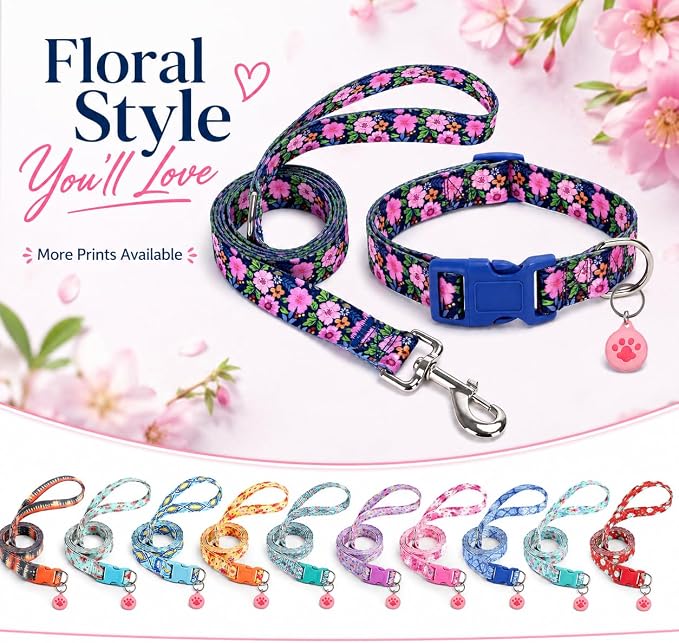 Floral Matching Dog Collar and Leash Set with AirTag Holder-Daisy/L | Anti-Lost,Adjustable Durable Pet Collar Leash Combo for Large Boy Girl Dogs,for Outdoor Walking Hiking Training Running