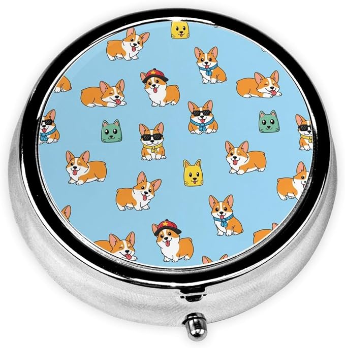 Mini Pill Box, Portable Round Organizer for Daily Vitamins, Travel Pill Case Pocket Purse Use, Waterproof Design for Men Women, Corgi Funny Dogs