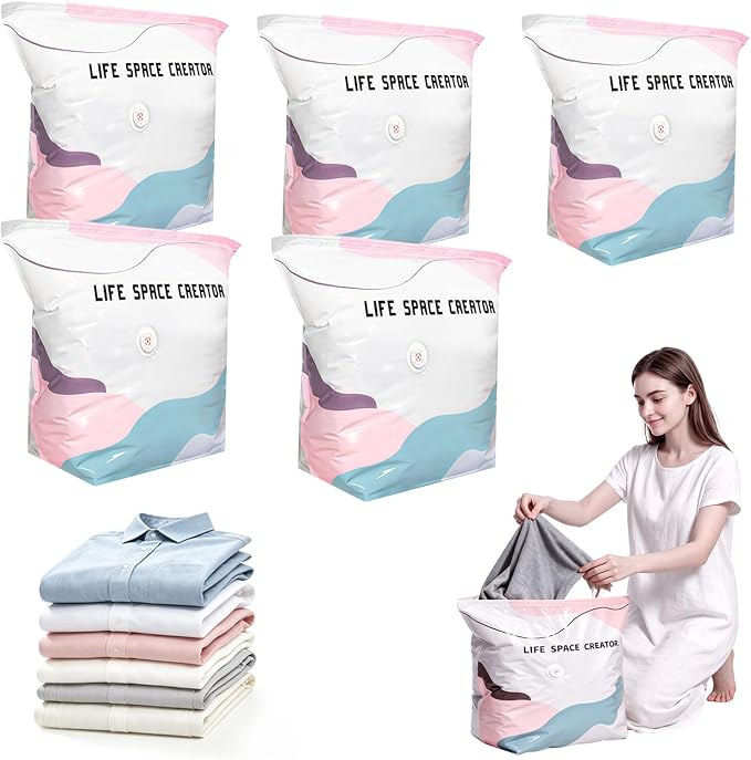 5PCS No Pump Vacuum Storage Bags, No Pump Large Vacuum Storage Compression Bags, Thick Airtight Reusable Organizer for Clothes Comforters Travel Moving Closet Storage (M)