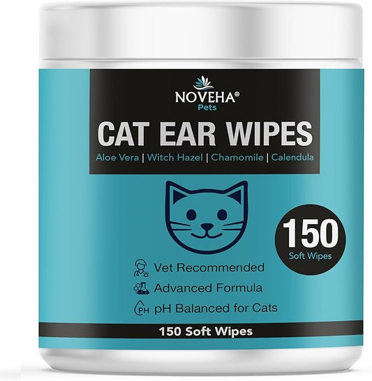 NOVEHA 150 PCs Cat Ear Wipes that Gently Clean & Soothe Sensitive Cat Ears; Soft Ear Cleaner for Removing Wax, Dirt & Odor; Alcohol-Free Ear Care with pH Balanced Formula; Unscented Grooming Care