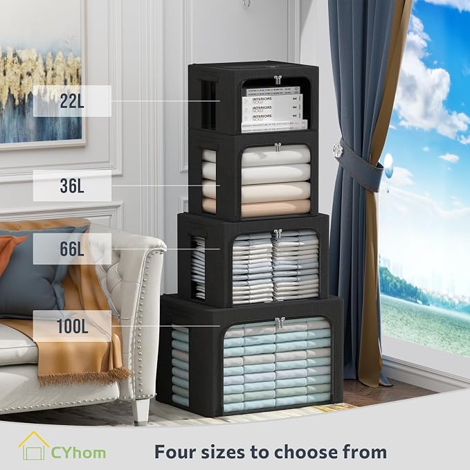 CYhom 3Pack Foldable Storage Bins - Frame Storage Box Linen Fabric Stackable Clothes Container Organizer with Clear Window & Carry Handles Large Capacity (Large-66L, Black)