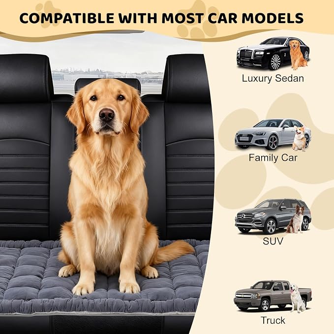 Backseat Dog Bed Mat, Dog Mat for Car Backseat Extender, 24.8'' x 54'' Non-Slip Travel Pet Blanket for Back Seat, Washable, Soft & Scratch-Proof, Universal Fit for Car, SUV, Truck, 2'' Thick