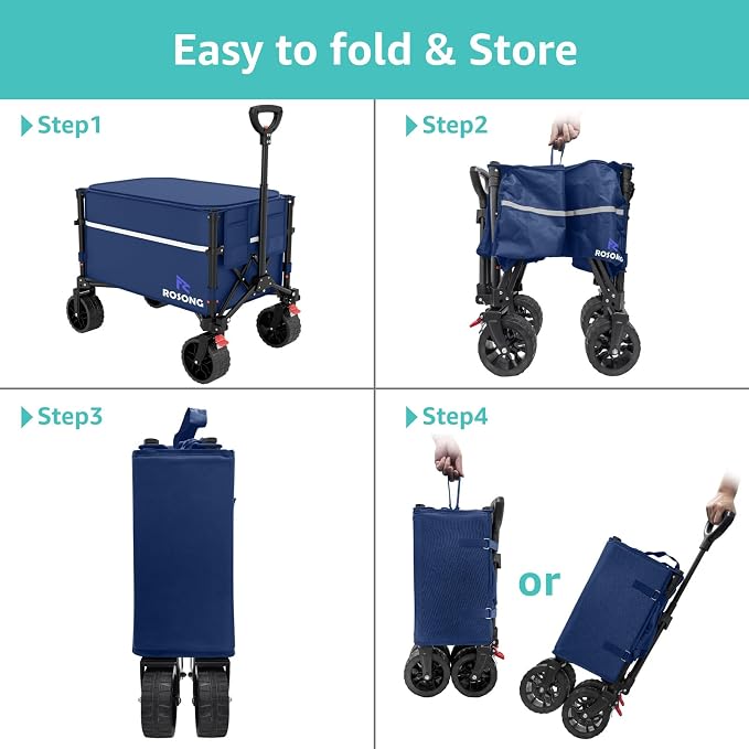 ROSONG Collapsible Wagon Cart with Wheels Foldable - Folding Utility Heavy Duty Wagons Carts for Grocery Sports Garden Shopping Camping Wheelbarrows (120L Dark Blue with Lid)