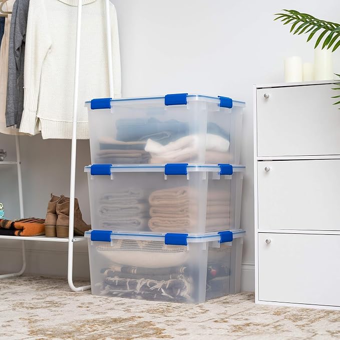 IRIS USA 3-Pack 60 Qt Storage Bins with Gasket Lids, Clear/Blue | WeatherPro seal helps protect bulky items for moving, garage, attic and basement storage