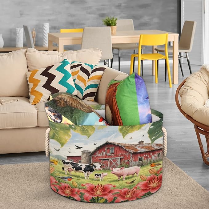Large Storage Baskets - Rustic Barn Farm Animal Nursery Organizer Bin Box with Handles Collapsible Round Laundry Hamper for Kids Toys Pet Blanket, Bedroom Living Room Home Decor Gift Basket