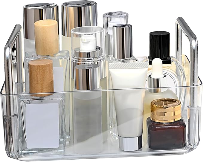 Aramox Open Storage Box, PET Open Organizer Bin with Portable Handle, Large Capacity Compartments, Easy Access Desktop Storage Basket for Cosmetics Jewelry Keys on Vanity Countertop (Clear)