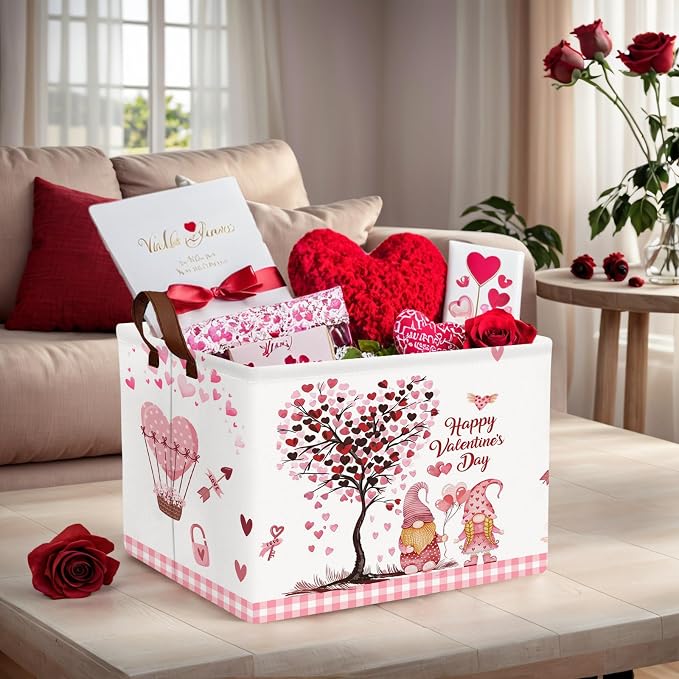 Valentine's Day Basket Gift for Empty Cute Heart Large Storage Bin for Kid and Baby Room Décor (Pink Dwarf Love Tree Hot Air Balloon)