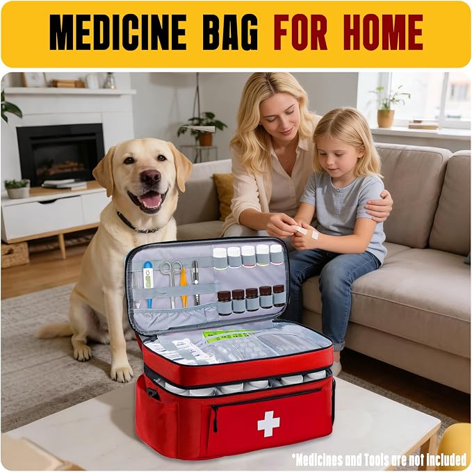 First Aid Bag Empty 2-Layer Large 16" x 9½"x7 Red | Reinforced Medical Bag Pill Bottle Box Portable Emergency Bag for Outdoor & Home, Travel Madicine Bag with Shoulder Strap