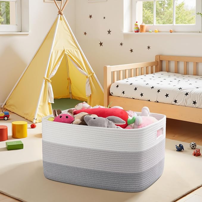 OIAHOMY Large Blanket Basket, 22”x17”x12” Rectangle Woven Baskets, Nursery Blanket Storage Living Room, Toy Storage With Handle, Large Baskets for Organizing-Gradient Grey (Pack of 2)
