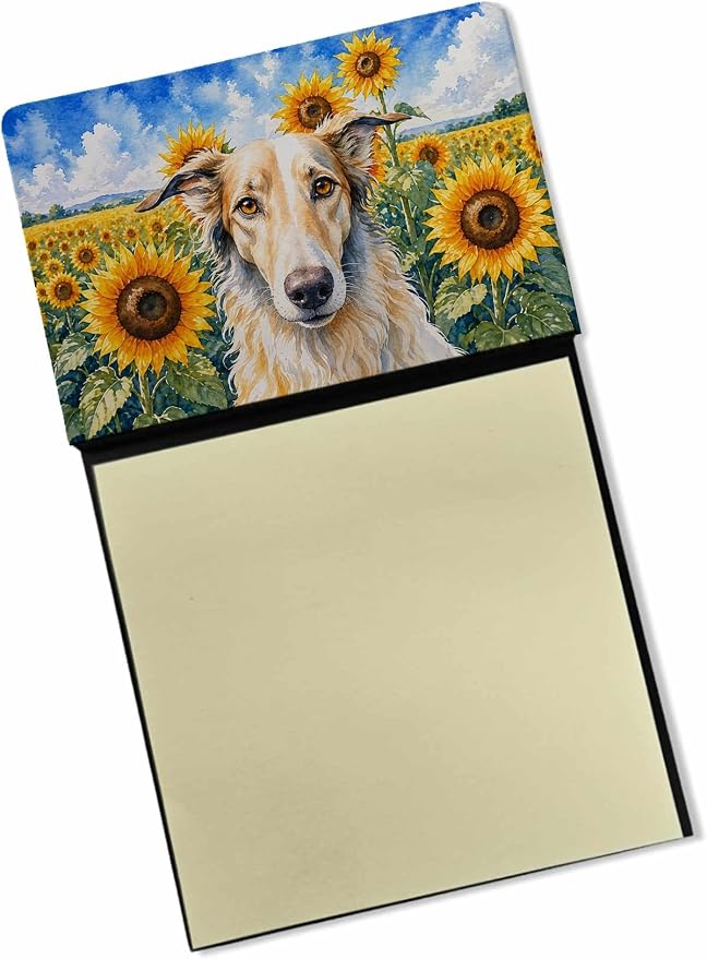 Caroline's Treasures Borzoi in Sunflowers Watercolor Sticky Note Holder Refillable Dispenser Desk Accessory 3x3 Pad Gift