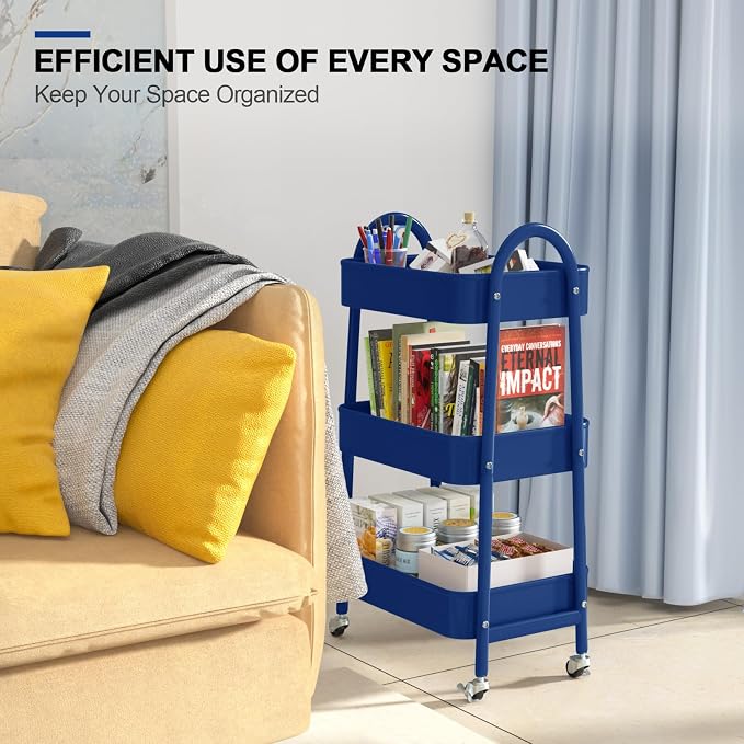 3 Tier Utility Rolling Cart, Metal Storage Cart with Handle and Lockable Wheels, Multifunctional Storage Organizer Trolley with Mesh Baskets for Kitchen, Living Room, Office, Garage (Indigo)