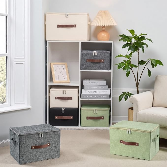 Storage Bins with Zipper Lid Decorative Lidded Box Fabric Baskets | Collapsible Shelf Closet Organizer Container, Cotton Linen Fabric Boxes, PU Leather Handle, Stackable Washable (Green, Small)