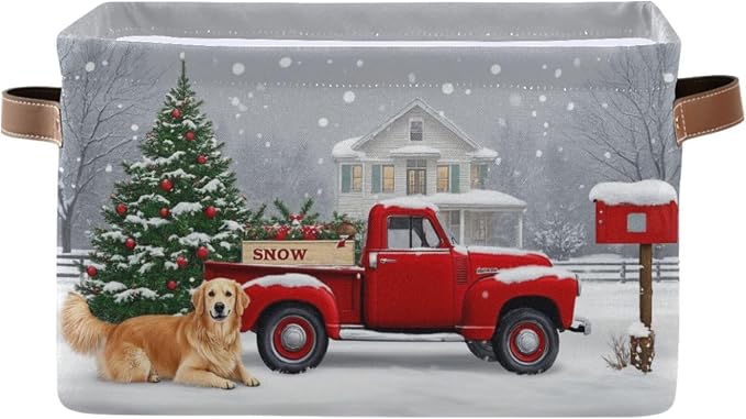 Christmas Tree Red Truck Storage Basket Fabric Laundry Baskets Winter Snowman Snowflake Golden Retriever Dog Storage Boxes Organizer Bag for Cloth Toy Book Storages Shelf Closet Bins 16×12×8 2 Pack