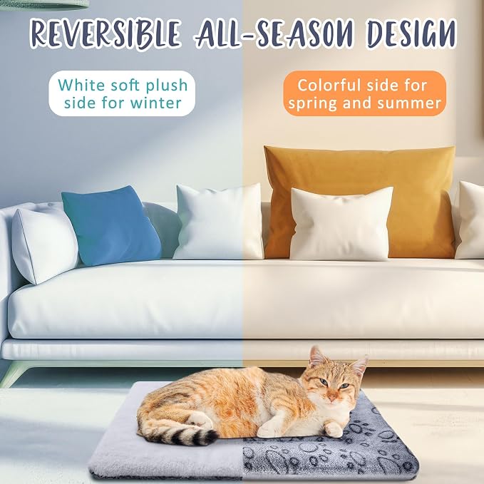 2 Pack Self Warming Cat Mat Self Heating Pad Bed Reversible Machine Washable Reflects Body Heat Warm Thermal Pet Pad Crate Blanket for Feral and Indoor Cat (Grey,22'' X 18'',Dog Paw)