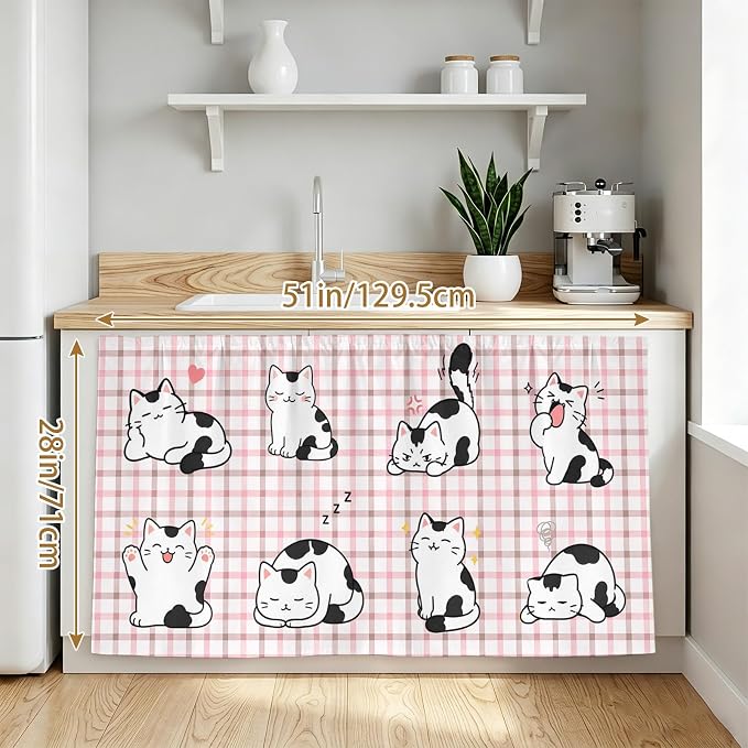 Cute Cat Cabinet Curtain 28"Wx51"L,Dustproof Storage Cabinet Curtain with Self Adhesive Tape,Modern Playful Pet Cats Pink Brown Plaid Tall Pantry Cover Drape for Kitchen,Laundry Room,Utility Closet