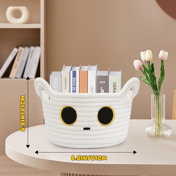 Small Storage Cute White Cat Cotton Rope Woven Basket for Nursery | Blanket Basket Baby Toy Storage Organizer With Ears for Gifts Cat Dog Bin Toys 8.5×4.5 inches