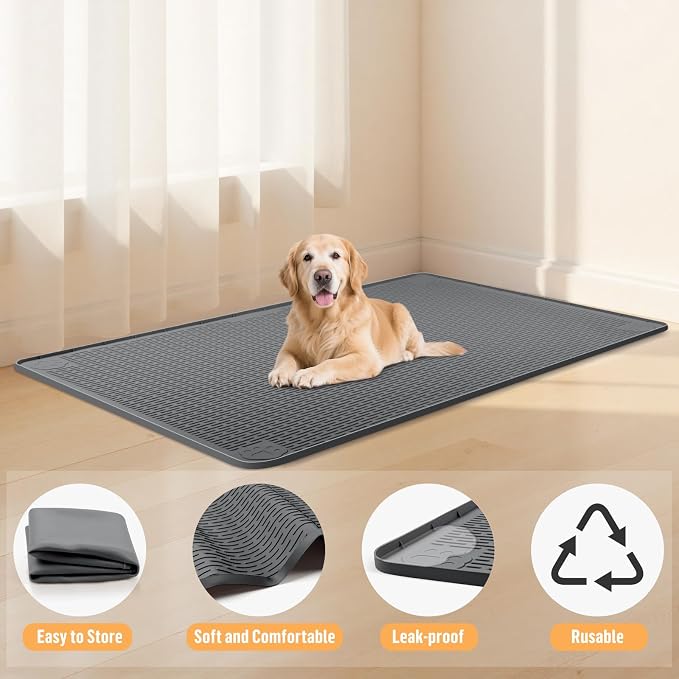 Silicone Dog Bed Mat 34"x 22" Crate Mat for Dog Cages, Dark Grey | Extra Large Kennel Mat with Raised Edge, Washable, Leakproof, Waterproof Dog Mat for Crate, Dog Floor Mat to Protect Floors