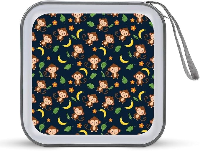 Hard Plastic CD/DVD Organizer Animal Print Monkey, 40-Disc Storage Binder with Zipper, Portable Protective Case for Car Office