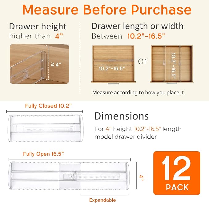 4" High Drawer Dividers for Clothes, 10.2"-16.5" Expandable 12 Pack | Adjustable Dresser Drawer Organizer, Clear Separators for Closet, Baby Clothing, Socks & Underwear Storage, Space Saving