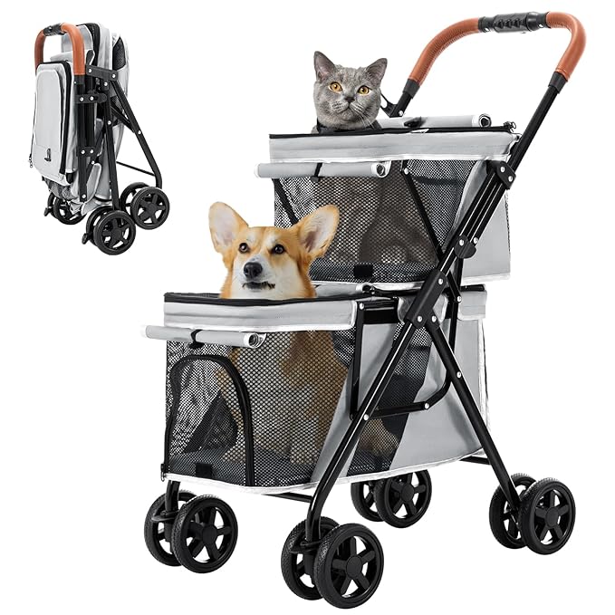 Double Pet Stroller for 2 Dogs & Cats, Double-Decker, Gray | One-Hand Fold Two-Tier Stroller with Separate Cabins, 44 lb Capacity, 4 Tethers, Locking Front Wheels and Rear Brakes