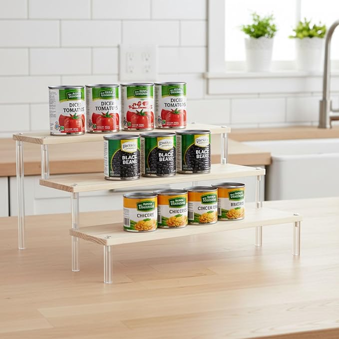 3-Tier Wood and Acrylic Can Organizer for Pantry, Countertop Canned Food Storage Rack, Tiered Display Shelf for Soup, Soda, Pet Food, Kitchen Cabinet