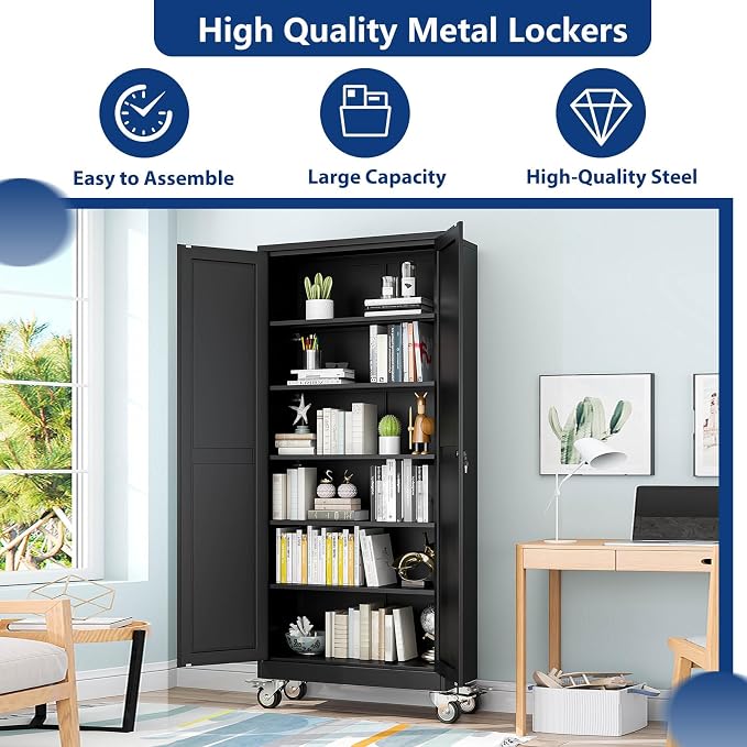 Ckzbx Metal Garage Storage Cabinet with Locking Doors and Adjustable Shelves,75" H Rolling Tool Storage with Wheels for Garage,Office (Black)