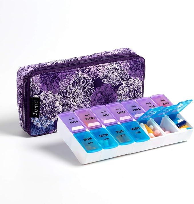 Weekly Pill Organizer 2 Times a Day, Zumd Pill Box 7 Day with Cute Quilted Fabric Zipper Case, Travel Pill Case Am Pm for Vitamin Medicine Organizer