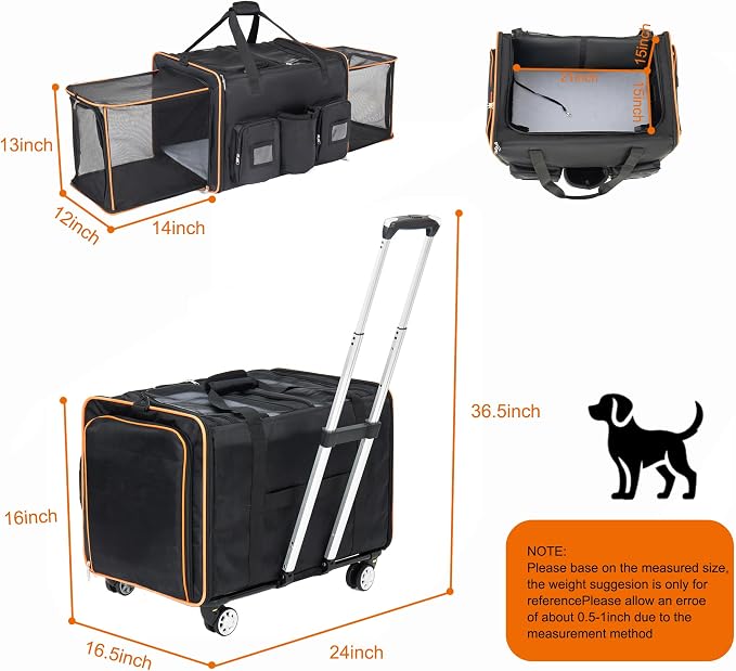 2 in 1 Collapsible Travel Dog Crate for Medium Large Dogs, Rolling Pet Carrier with Wheels, 3-Door Portable Folding Pet Kennel with Mesh Windows, Indoor Outdoor Travel Use (24" Black)