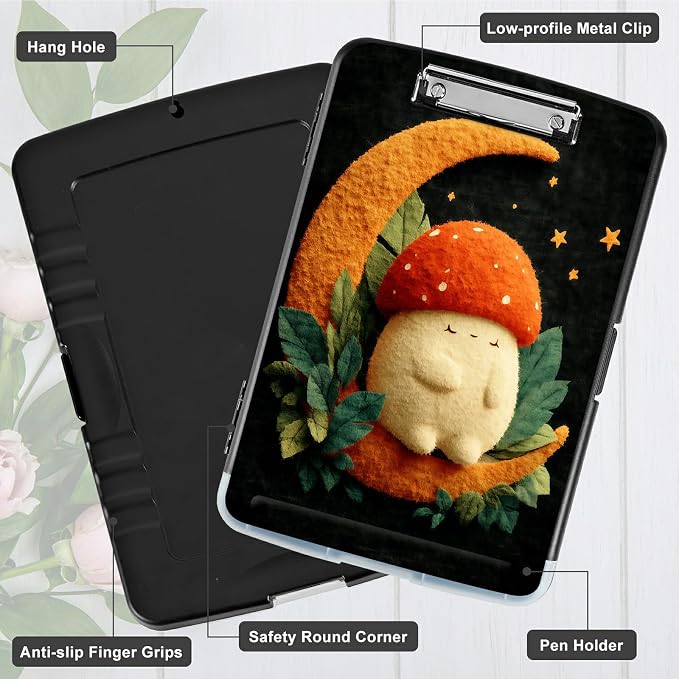 A4 Clipboard with Storage Pen Holder, Clipboards Organizer Nursing Clipboard Foldable File Folder Plastic Clipboard Folio Clip Board for Office Work Classroom Doctor, Orange Moon Mushroom