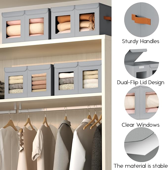Homsorout Large Closet Storage Bins - Collapsible Divided Clothes Organizer with Lids & Dual Window, Fabric Organizing Bins for Clothes, Sweater, Bedroom, Office (Grey, 2 Pack)