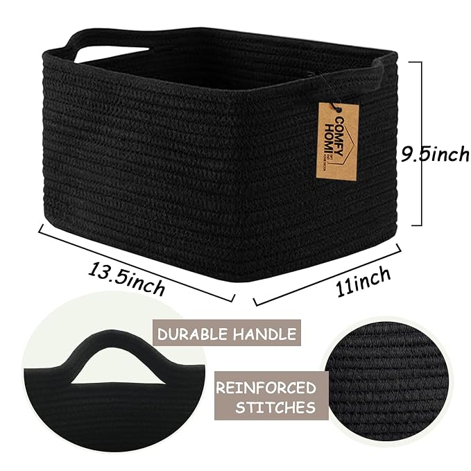 COMFY-HOMI Cotton Rope Woven Basket with Handles for Shelves,Toys,Book, Cloth Storage Baskets Bin for Organizing- 1 PCSToy Decorative Organizer for Living Room, Bathroom