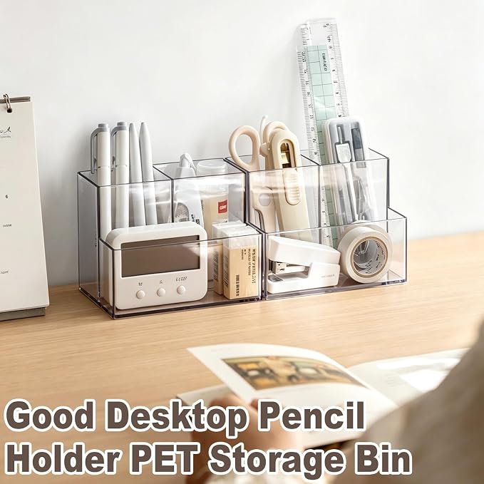 Clear PET Makeup Organizer, Lipstick Brush Holder for Bathroom Cabinet- Transparent Medicine Cabinet Organizer Multi Compartment Storage Box Holder for Countertop, Home Office Classroom