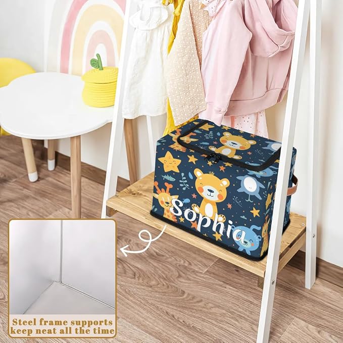Custom Cute Animals Storage-Bin With Zipper Lid for Kids-Girls-Boys-Baby-Pet,Personalized Name Foldable Storage Box with Handle,Baby Basket With Label for Bedroom Nursery Toy Clothes,Blue