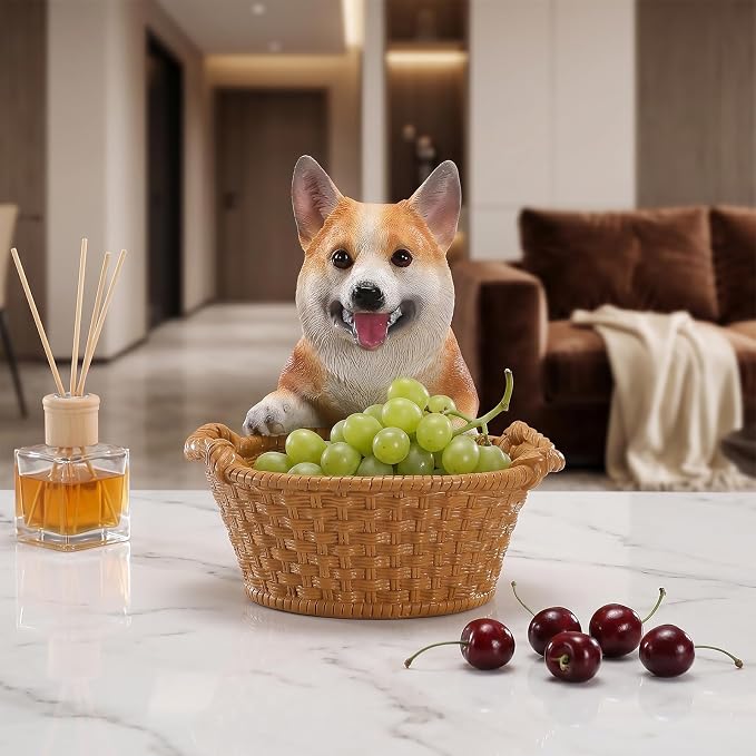 Cute Corgi Candy Bowl, Resin Dog Figurine Key Bowl for Entryway Table, Desktop Storage Basket Organizer for Desk, Unique Dog Lover Gift