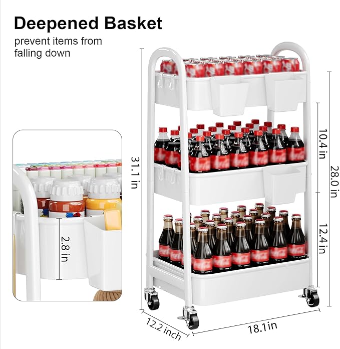 3 Tier Rolling Cart Metal with Wheels, Heavy Duty White Three Tiered Craft Cart Organizer on Wheels, Utility Roller Storage Carts for Art, Baby Nursery, Diaper Caddy, Snack,Book,Nail,Cleaning Supplies