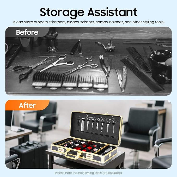 Barber Case with Shoulder, Profesional Barbers Briefcase Tool Cases, Barber Supplies Clipper Trimmers Tool Storage Organizer for Hair Stylists, Pet Groomers, Golden