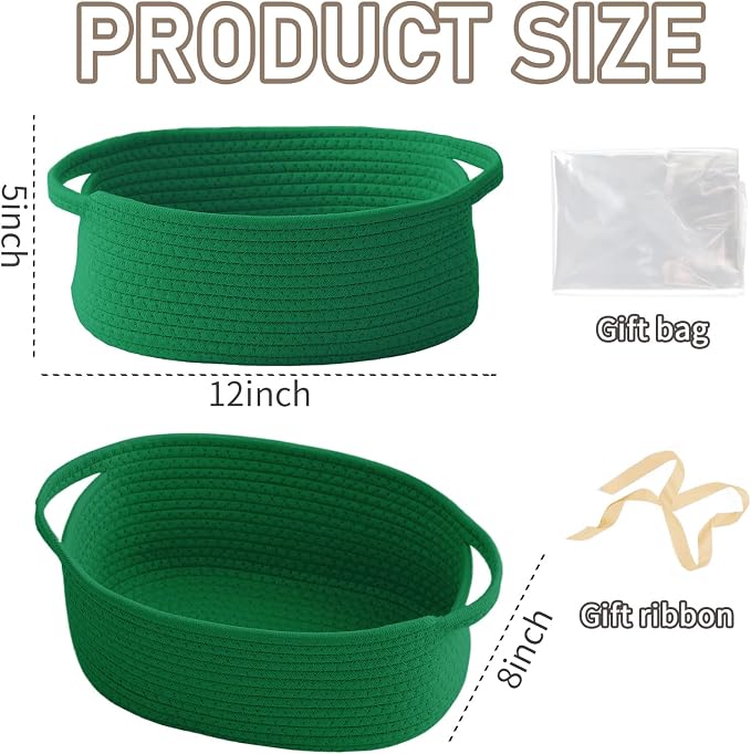JMvicyroam Small Woven Basket, Empty Gift Basket, Green/3 Pack | Small Gift Basket, Cotton Rope, 12 x 8 x 20 in, Handles, Includes Ribbon and Bag, Birthday Gift Basket