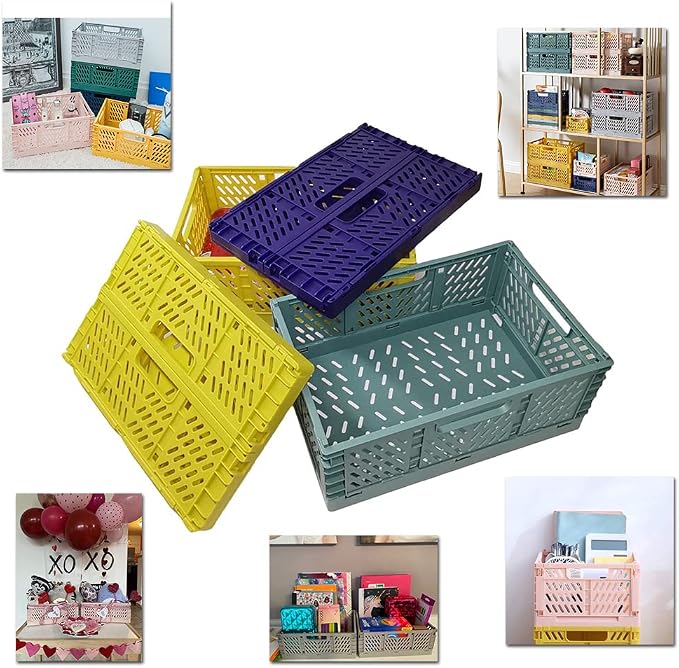 Plastic Collapsible Crate Folding Storage Basket with Handle for Shelves Home Kitchen Classroom and Office Vanity Bathroom Organization Drawer Clapboard Partition (White-1pack)