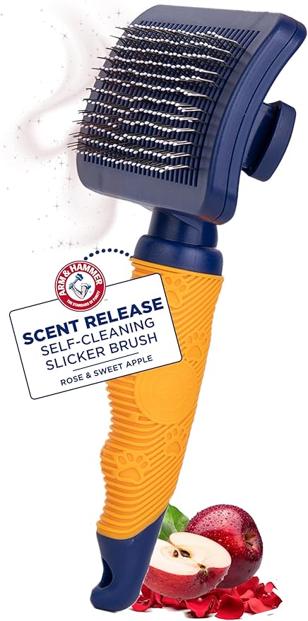 Arm & Hammer Deodorizing Slicker Brush for Dogs, Fragrance Transfer Technology with Baking Soda, Self-Cleaning Button, Removes Loose Fur & Tangles, Dog Grooming Brush, Sweet Apple & Rose Scent