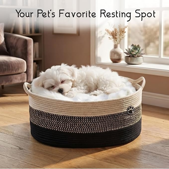 Dog Toys Storage Basket | Toy Box for Dog & Cat | 30L Woven Cotton Rope Bin, Cutout Handles, Pet-Safe | Organizer for Chew Toys, Blankets leashes, Toy holder | Foldable & Washable