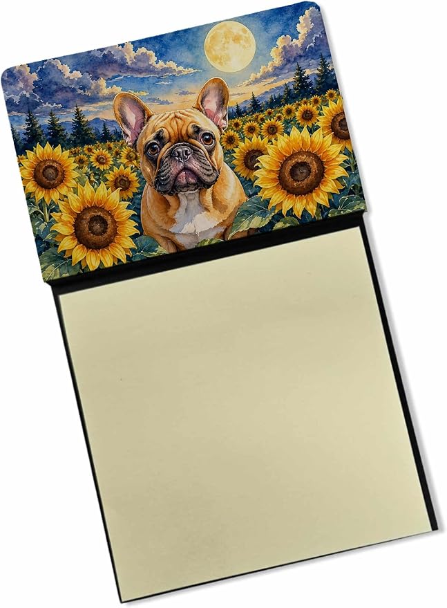 Caroline's Treasures French Bulldog in Sunflowers Watercolor Sticky Note Holder Refillable Dispenser Desk Accessory 3x3 Pad Gift