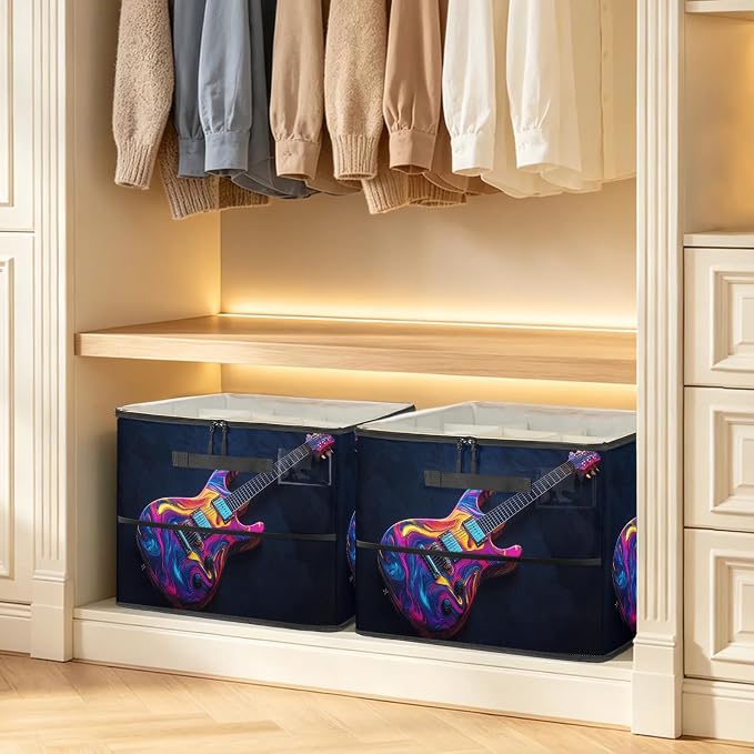 TropicalLife Colorful Guitar Shoe Organizer for Closet | Music Theme Foldable Shoe Storage Organizer Box Bin with Adjustable Dividers and Clear Cover, Fits up to 16-32 Pairs