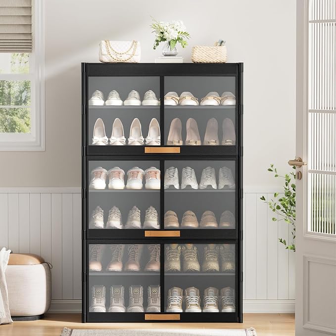 7 Tier Shoe Cabinet with Doors, 24-Pair Storage, Black | Tall Design Saves Floor Space, Transparent Doors for Quick Find, Adjustable Layers for Boots, Waterproof & Easy Wipe