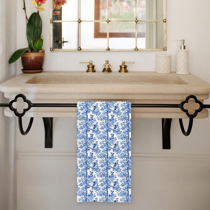 Chicimln Chinoiserie Pitbull Dog Kitchen Towels, Gifts for Pitbull Lovers Decorative Hand Towels for Bathroom, Blue and White Dog Dish Tea Towel Drying Cloth for Kitchen Decor, 16x24 Inch