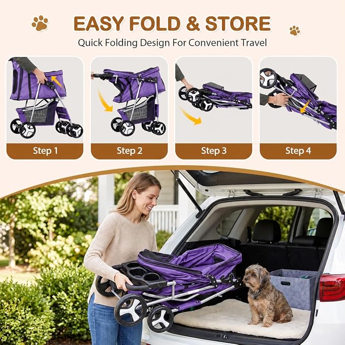 Pet Stroller 4 Wheels Dog Cat Stroller for Small Medium Dog Cats Carrier Jogger Travel Foldable Puppy with Storage Basket and Cup Holder (Purple)