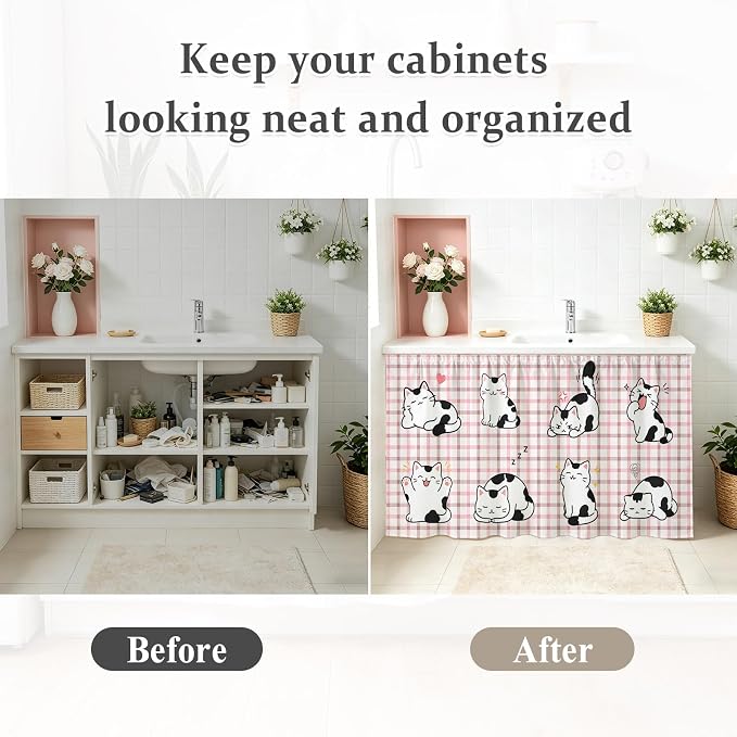 Cute Cat Small Sink Skirt 10"Wx11"L, Dustproof Under Sink Curtain with Self Adhesive Tape, Modern Playful Pet Cats Pink Brown Plaid Cabinet Curtain Cover for Bathroom Vanity, Kitchen Storage Shelf, RV