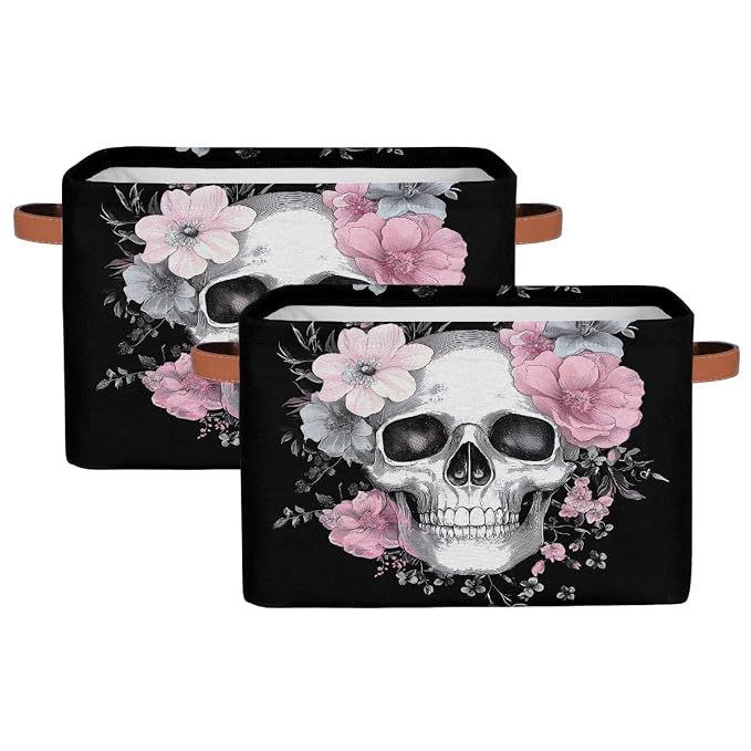 SEULIFE Floral Sugar Skull Flower Halloween Foldable Storage Basket, Large Collapsible Organizer Storage Bin Cube Toys Storage Boxes with Handles for Bathroom Kids Nursery Closet Storage, 2 Pack