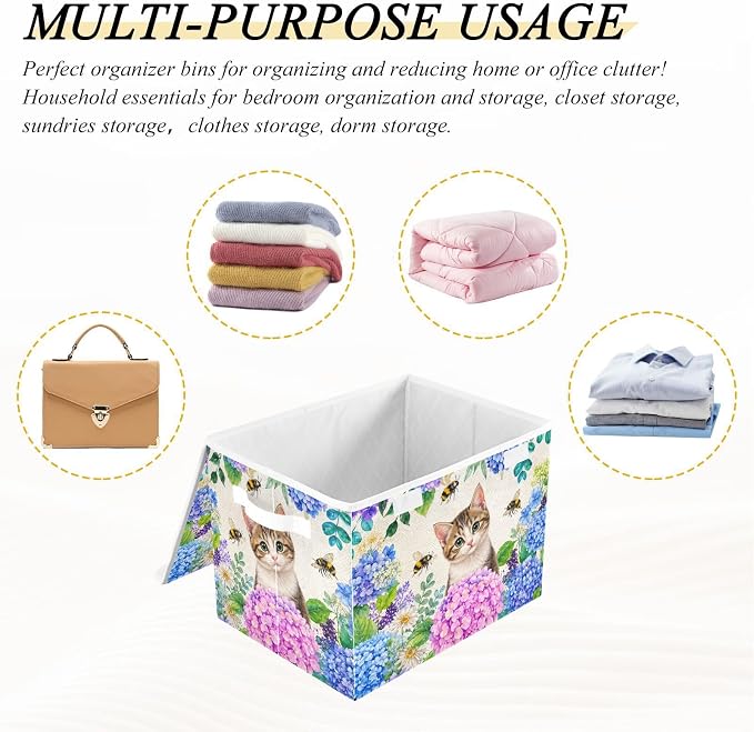 Fabric Storage Bins with Lid Cat Bloom Closet Storage Basket 40L | Decorative Storage Boxes, Foldable & Stackable, Dust-Proof Flip Top, Reinforced Handles, For Home & Dorm, Clothes & Toy Box