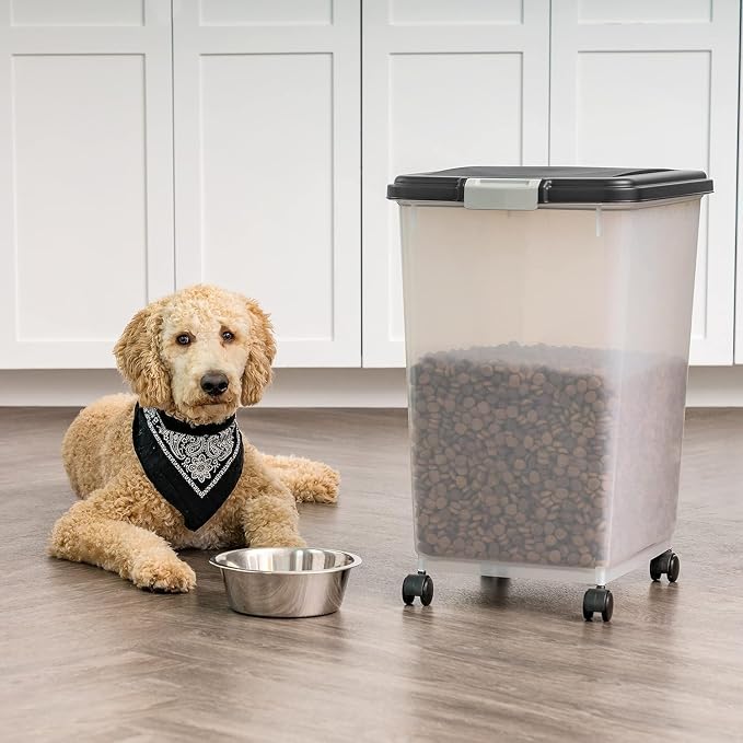 IRIS USA Dog Food Storage Container, Up to 54 lbs, Black, Made in USA | Wheels for Mobility, Airtight Seal, BPA-Free, Best for Bird Seed, Cat food, Cat Litter, Chicken Feed, Pellets, Flour, Rice